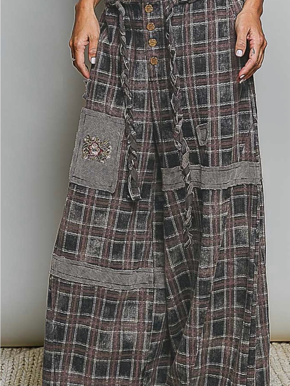 POL -Black Plaid Wide Leg Pants